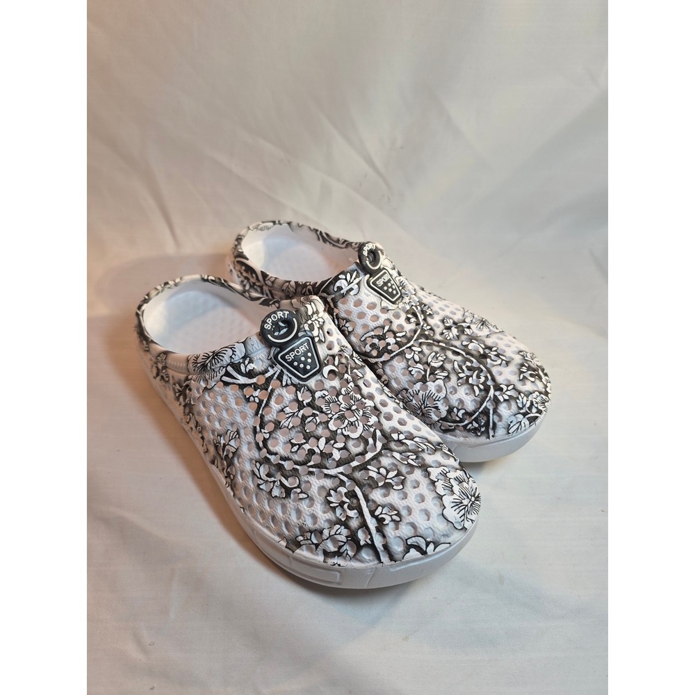Sport Floral Print Garden Clogs Black White Slip On Mule Shoes Size 6 EU 36